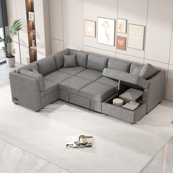 Merax U-shaped Sectional Sofa Pull Out Sofa Bed with 2 USB Ports