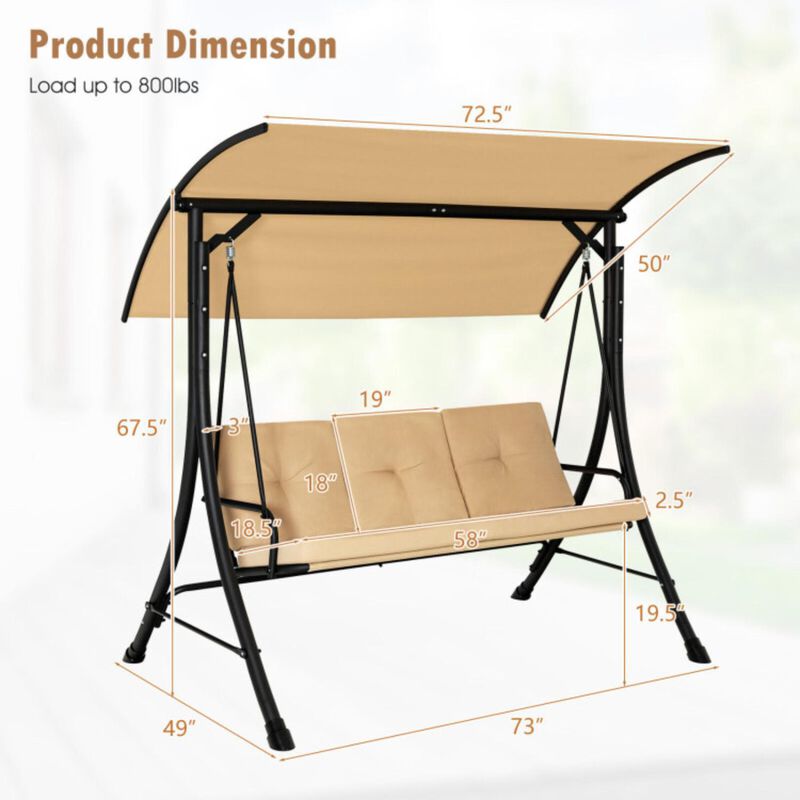 Hivvago 3-Seat Outdoor Porch Swing with Adjustable Canopy and Padded Cushions