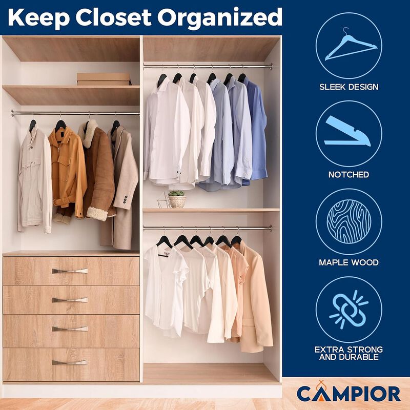 Campior Wooden Clothes Hangers - 30 Pack, Durable, Non-Slip, Space-Saving Hangers for Dresses, Coats, and More, Holds Up to 10 lbs with 360° Swivel Hook, Black Finish