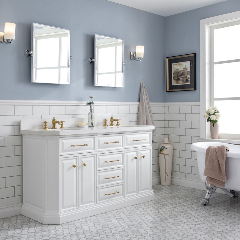 Palace 60 In. Double Sink Carrara Quartz Countertop Bath Vanity in Pure White with Satin Gold Hardware