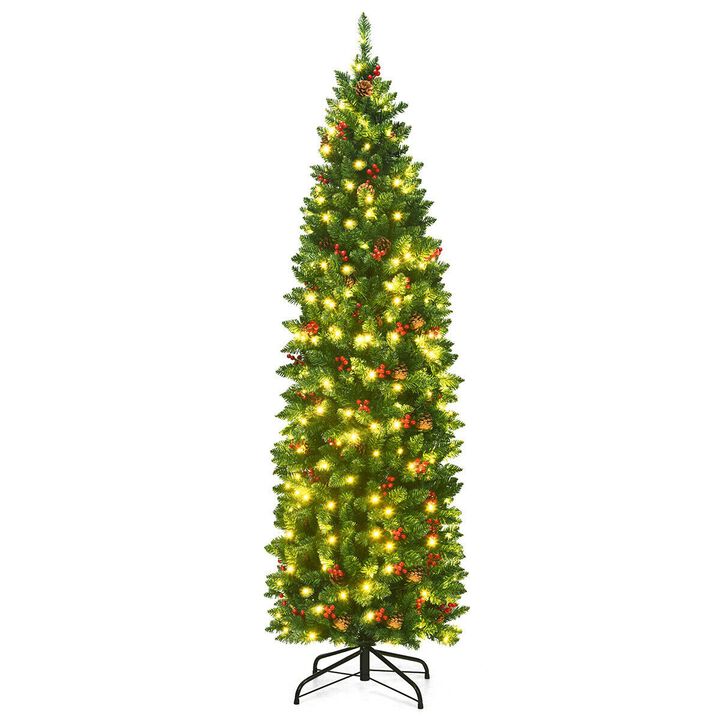 Pre-lit Hinged Pencil Christmas Tree for Slim, Space-Saving Holiday Decor with Convenient Setup