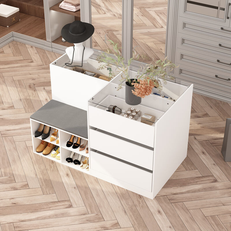 Armoire Bedroom Island Wardrobe Closet Island with 9 Drawers & Glass Tabletop, Island Dresser with Cushion Bench, Closet Island for Bedroom Cloakroom White (47.2”W x 27.5”W x 31.5”H)