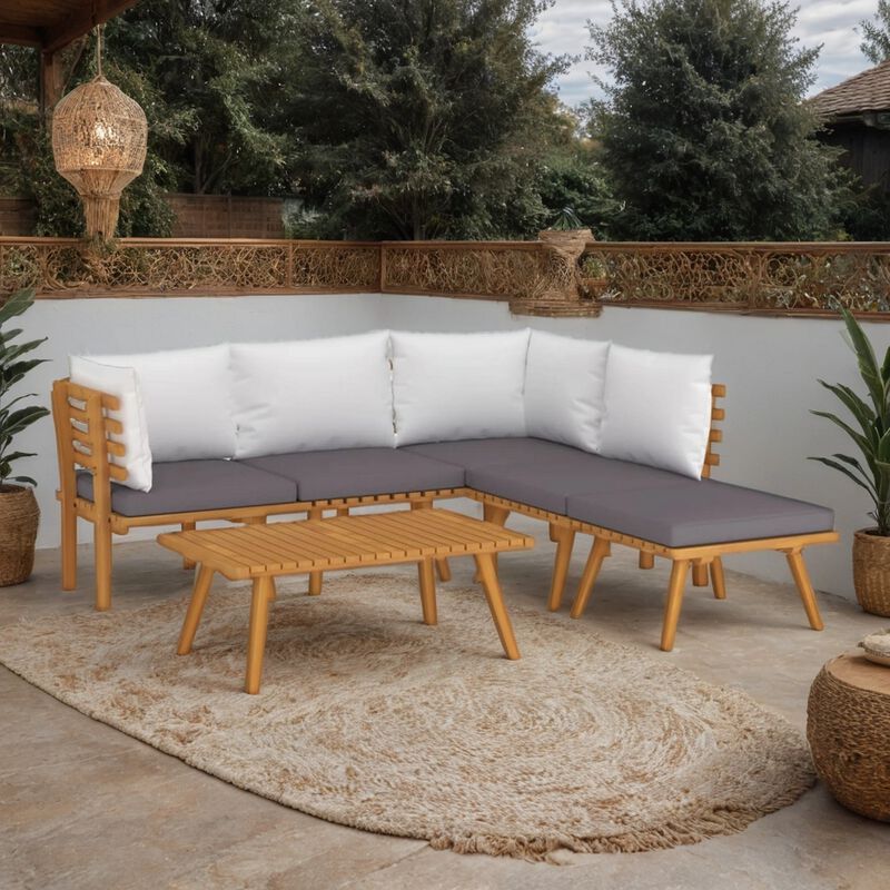 Roma 6pc Modular Outdoor Sofa and Table Set, Solid Wood, White, Gray - Benzara