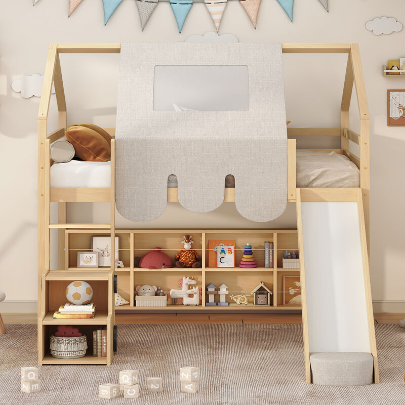 Merax Wooden House-shaped Frame Loft Bed  with a Tent
