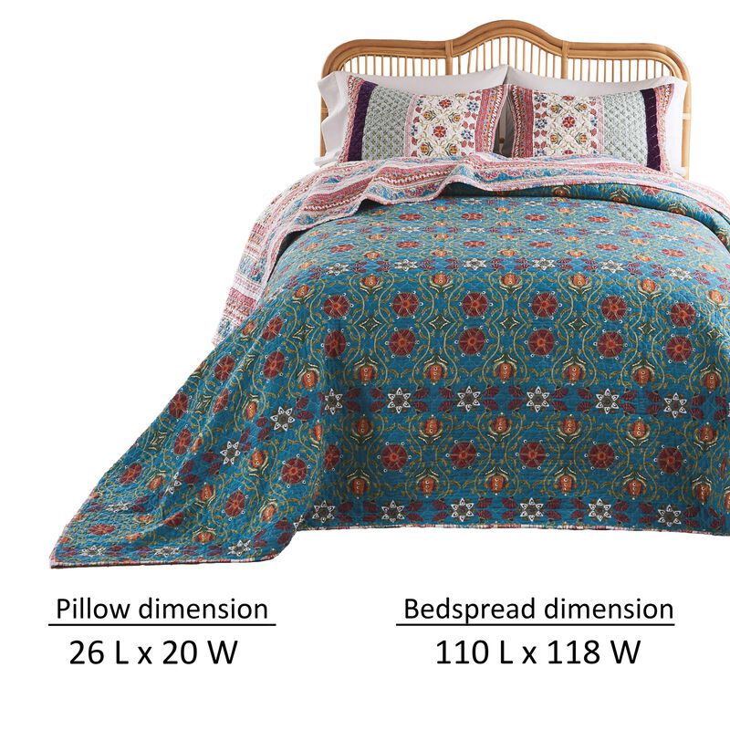 Ello 3pc Queen Bedspread and Pillow Sham Set, Multicolor Bohemian Print