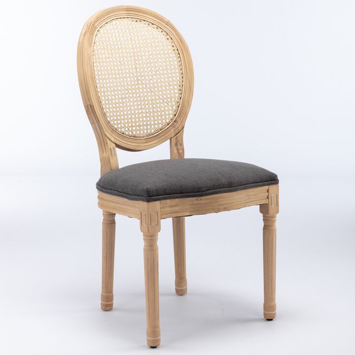 French Style Solid Wood Frame Antique Painting Linen Fabric Rattan Back Dining Chair, Set Of 2, Gray