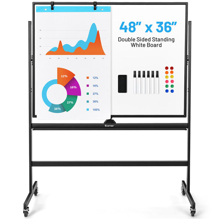 48 x 36 Inch Mobile Magnetic Double-Sided Reversible Whiteboard Height Adjust 48 x 36 Inch Mobile Magnetic Double-Sided Reversible Whiteboard Height Adjust