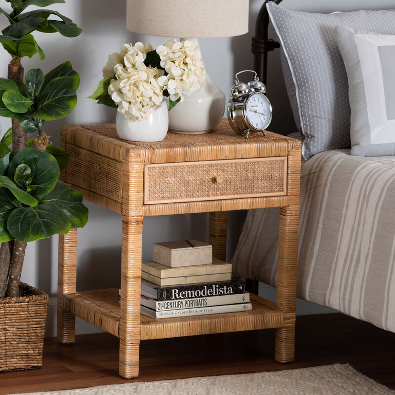 Bali & Pari Bohemian Natural Rattan And Mahogany Wood 1-Drawer Nightstand