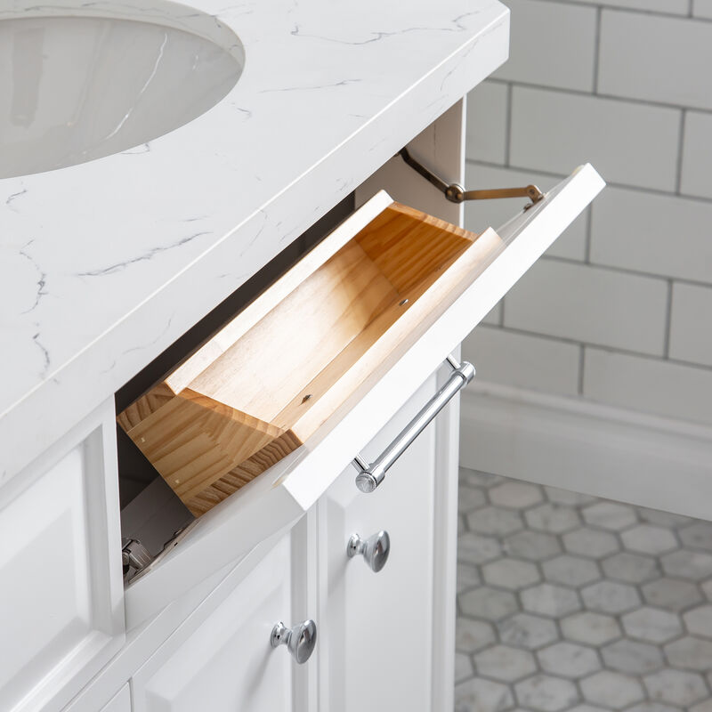 Palace 72 In. Double Sink Carrara Quartz Countertop Bath Vanity in Pure White with Chrome Hardware