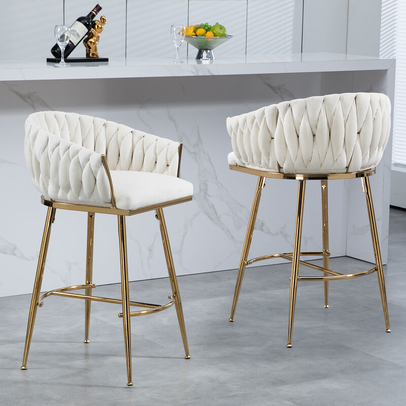 26'' Counter height bar stools Set of 2 kitchen island counter bar stool with hand- wave back,golden chromed base and footrest