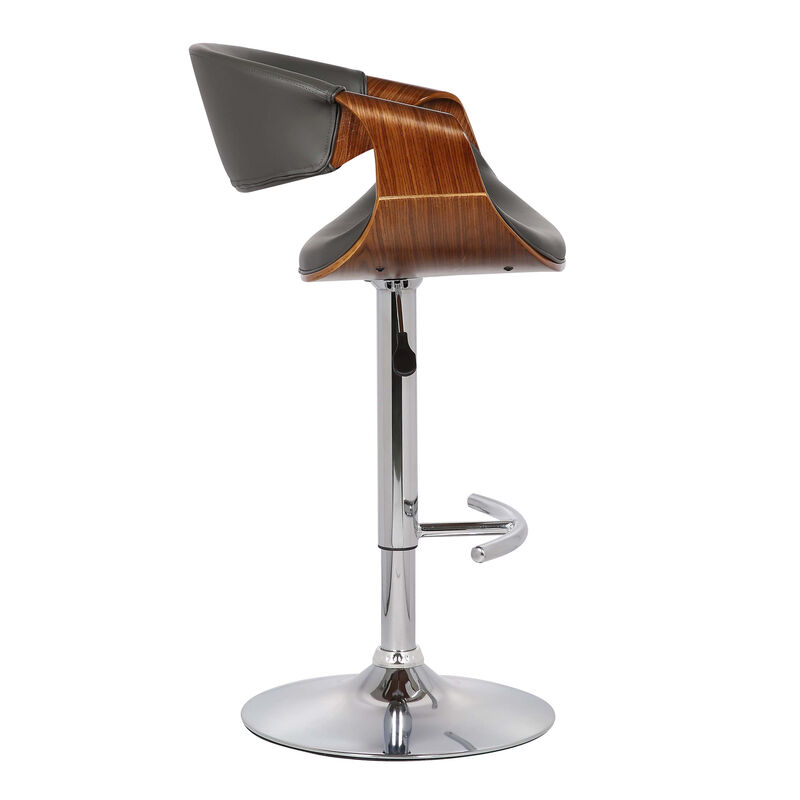 Butterfly Adjustable Height Swivel Grey Faux Leather and Walnut Wood Stool with Chrome Base