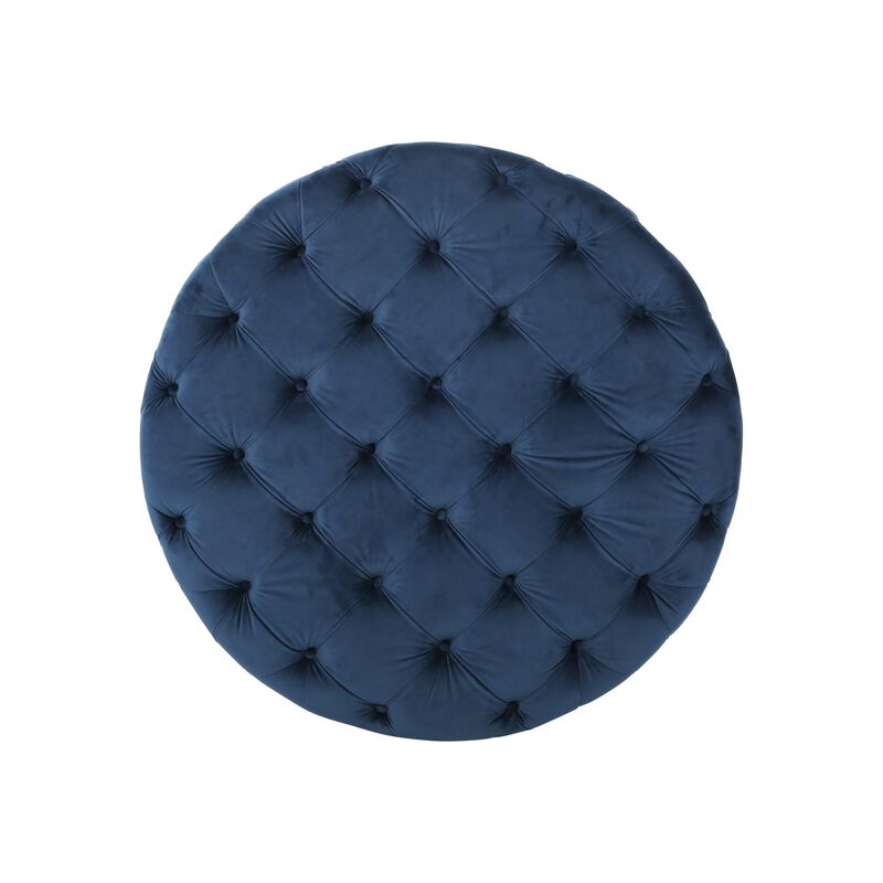 Vivan Ottoman, Tufted Blue Velvet, Soft Cushions, Round 40 Inch Top - Benzara