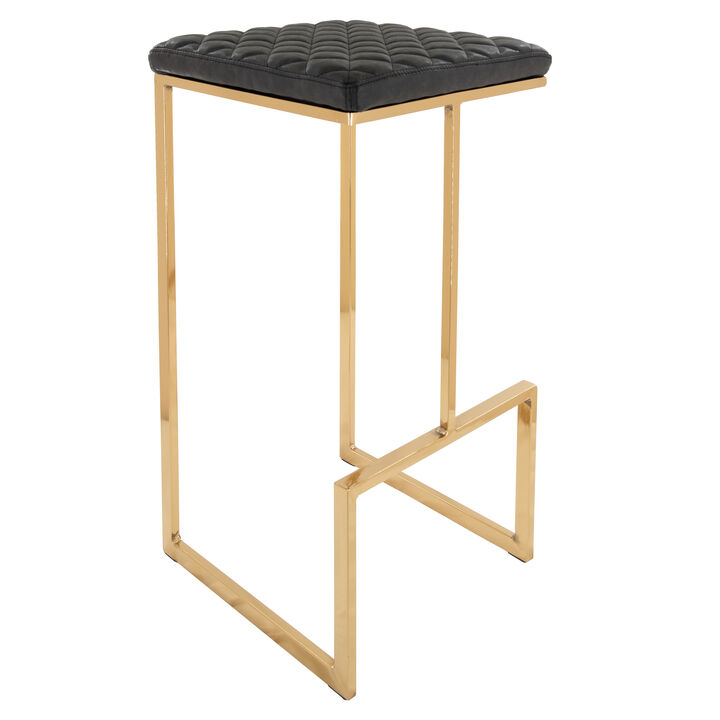 LeisureMod Quincy Stitched Leather Gold Metal Bar Stools in Olive Green