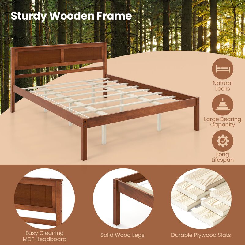Queen Size Bed Frame with Wooden Headboard and Slat Support-Queen Size