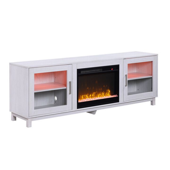 Samy 70 Inch TV Console LED Fireplace Heater, Glass Door, White, Silver - Benzara