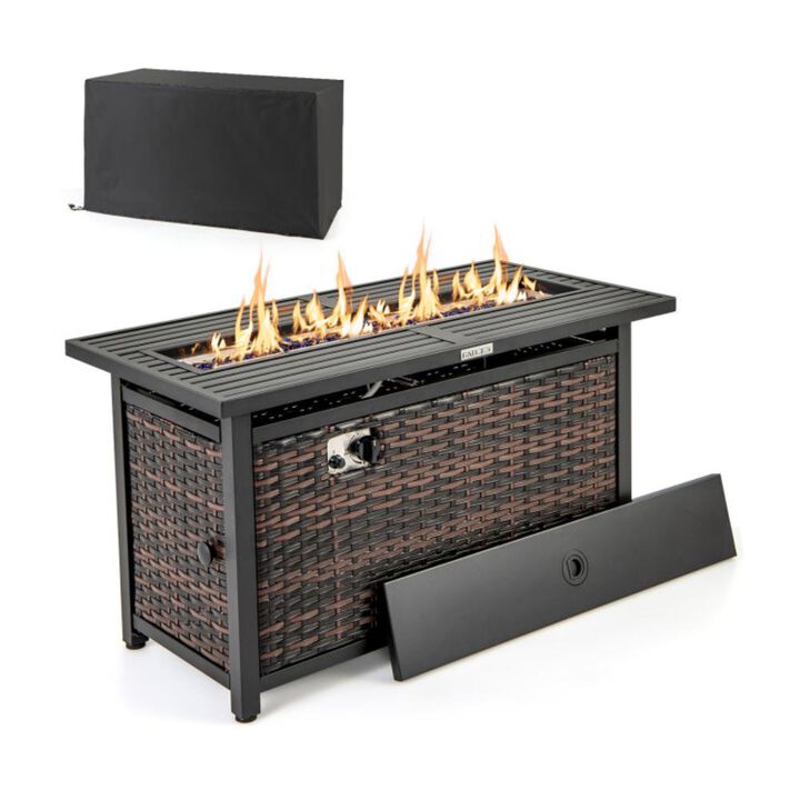 Hivvago 45 Inch Propane Rattan Firepit Table with Glass Stones and Protective Cover-Mixed Brown