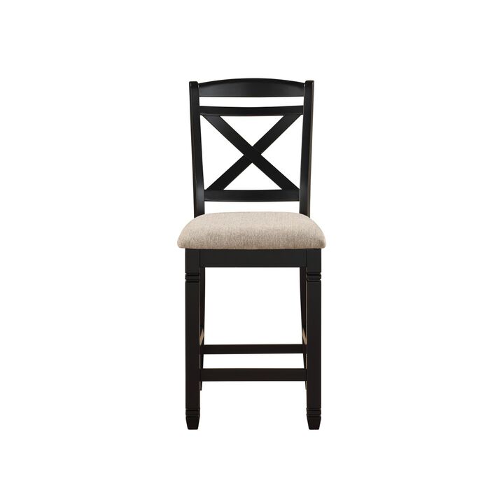 Transitional Style Dining Chairs Set, 2 Piece, Black Wood, Beige Fabric Seat