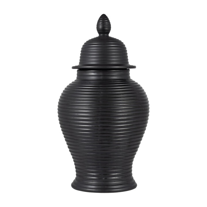 24" Blk Cer Ribbed Temple Jar