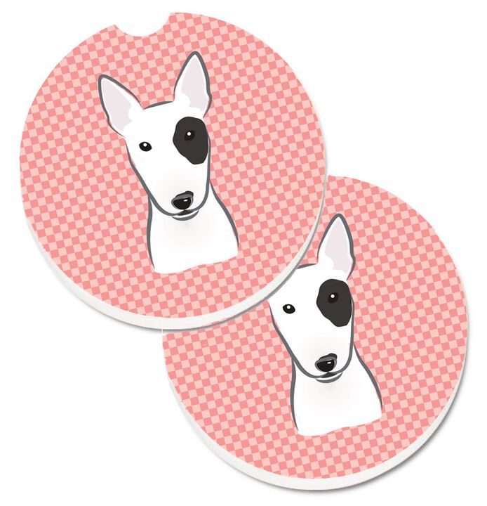 Caroline's Treasures Checkerboard Pink Bull Terrier Set of 2 Cup Holder Car Coasters BB1209CARC, 2.56, Multicolor