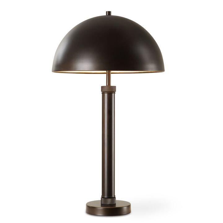 Modern Accent Table Lamp, Dome Shade, Gold Edge, Black Metal Round Base