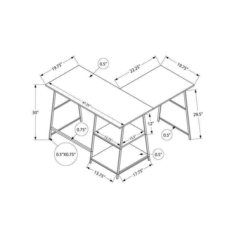 Monarch Specialties I 7595 Computer Desk, Home Office, Corner, Storage Shelves, 48"L, L Shape, Work, Laptop, Metal, Laminate, White Marble Look, Black, Contemporary, Modern