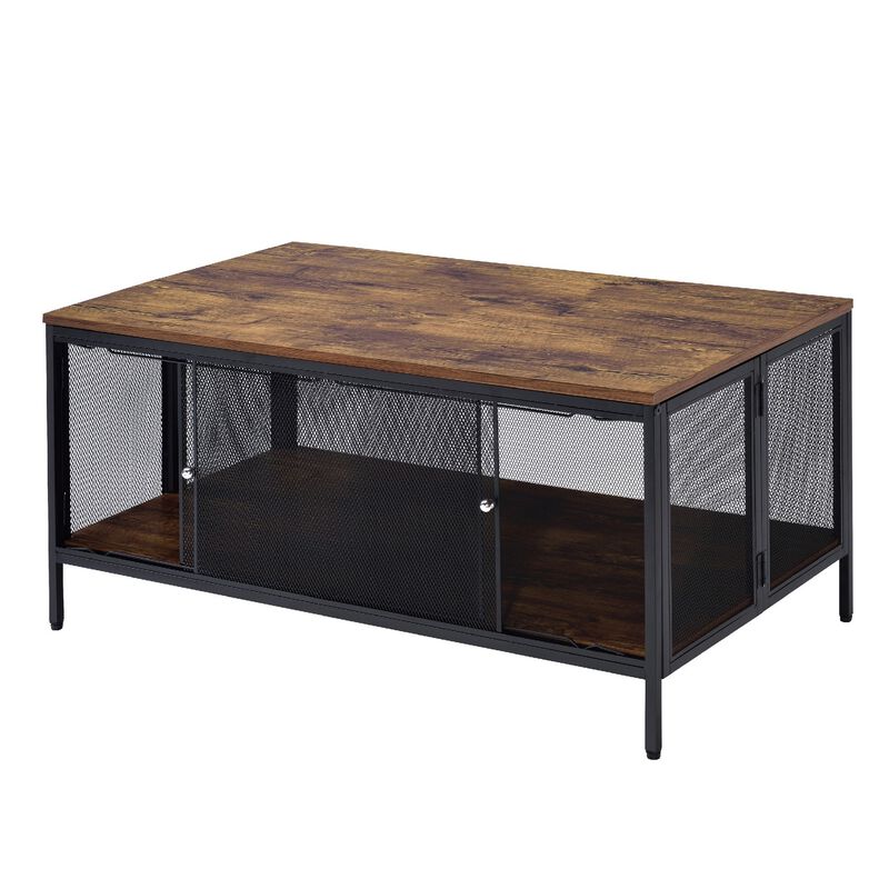 Metal Coffee Table with 1 Bottom Shelf and Mesh Design, Brown and Gray-Benzara