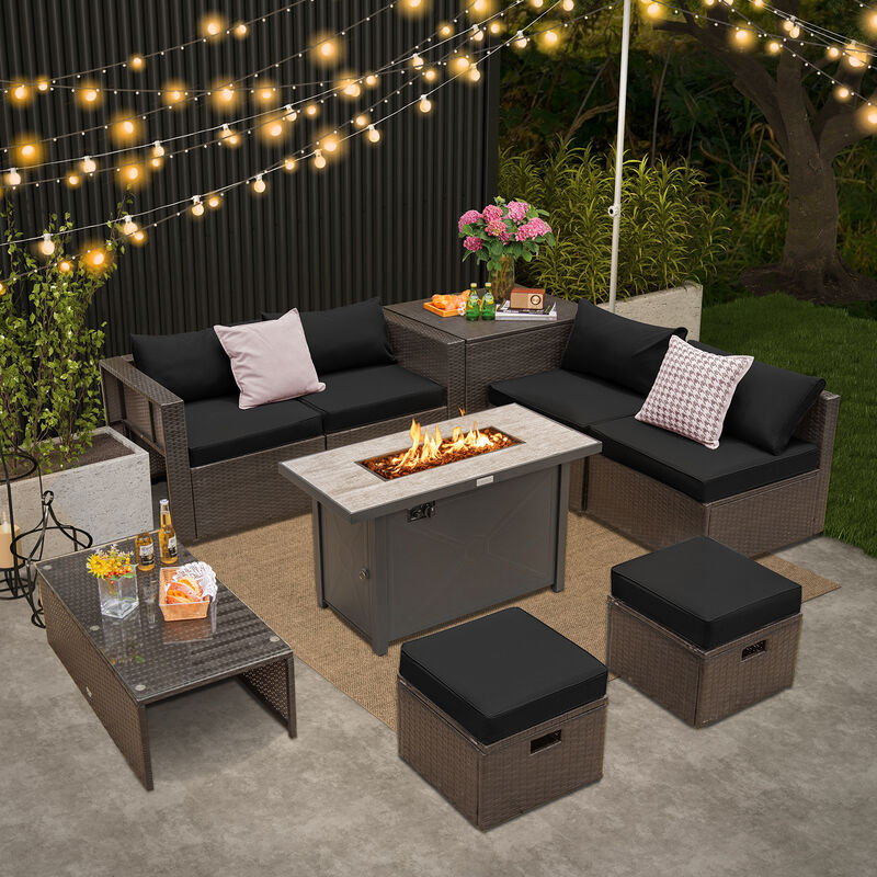 9-Piece Outdoor Patio Furniture Set with Cushions & Propane Fire Pit Table for Garden or Backyard