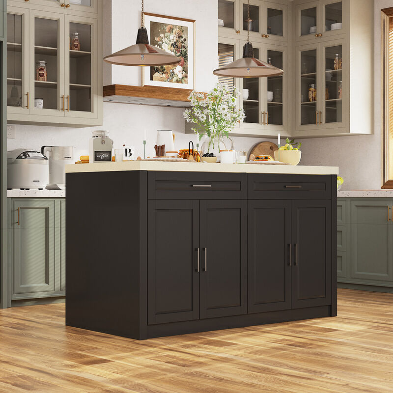FUFU&GAGA Kitchen Island with Storage & Drawers, MDF Construction with Stone-like Finish (61" W x 37.4" H x 29.1" D)Beige Stone Pattern Top