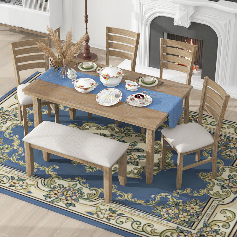 Dining Room Table and Chairs with Bench, Rustic Wood Dining Set, Set of 6 (Natural Wood Wash)