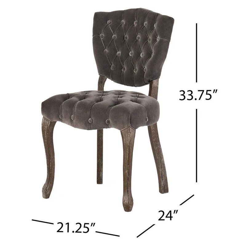 Jette Dining Chair Set of 2, Charcoal Gray Tufted Velvet, Brown Wood - Benzara