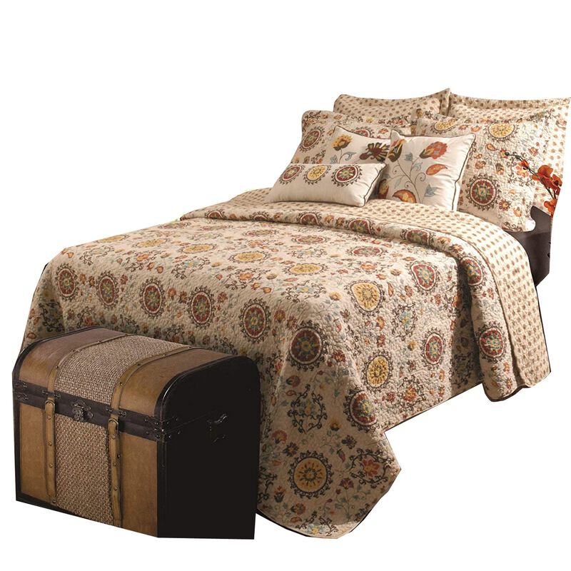 Elbe 5 Piece Queen Quilt Set with Medallion and Floral Pattern, Beige and Brown - Benzara