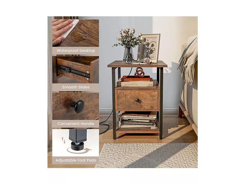 SUGIFT 3-Tier Nightstand with Charging Station and Drawer