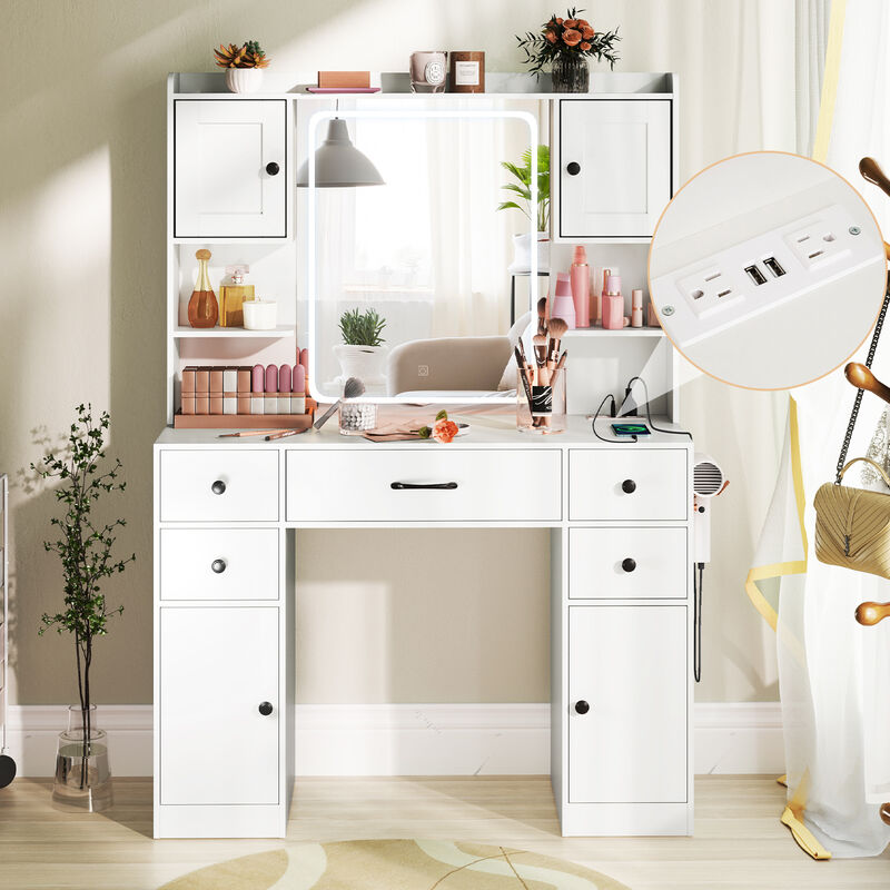 Makeup Vanity Desk with Lighted Mirror and Charging Station