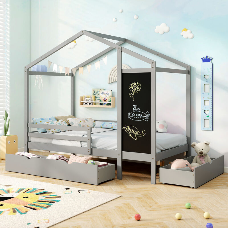 Kids Bed with 2 Drawers Solid Wood Bed with Blackboard