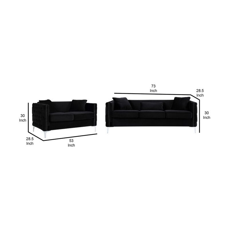 Zion 2 Piece Sofa and Loveseat Set, Deep Button Tufted, Jet Black Velvet-Benzara