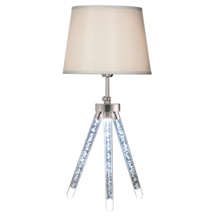 28 Inch Table Lamp, LED Tripod Base, Acrylic and Sand Chrome Finished Metal-Benzara