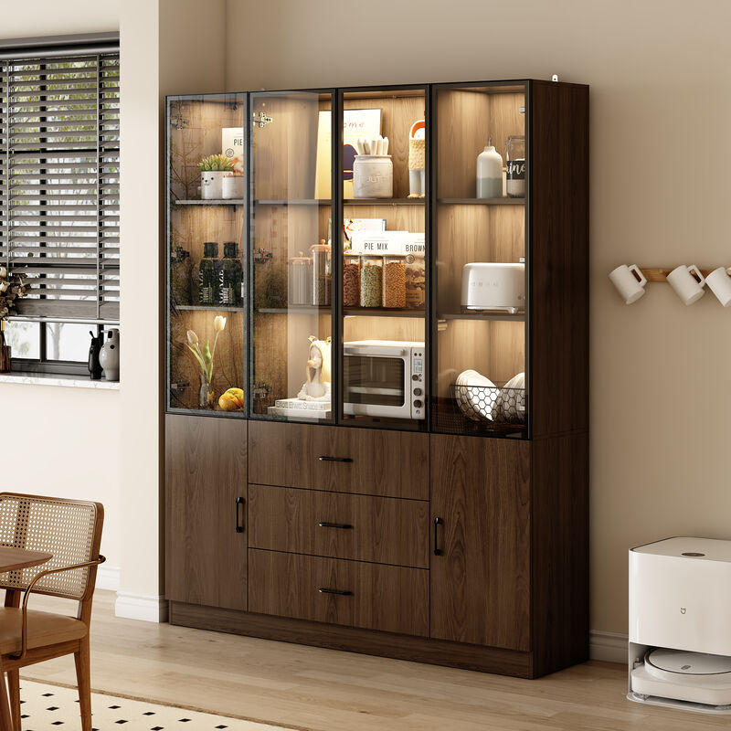 Brown Wood 63 in. W Display Cabinet With Pop up Tempered Glass Doors, 3-Color LED Lights, Drawers, Adjustable Shelves