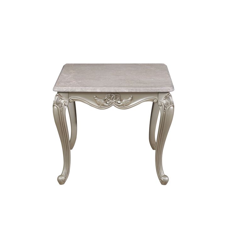 Kerra Side End Table, Beige Marble, Classic Carved Champagne 28 Inch - Benzara