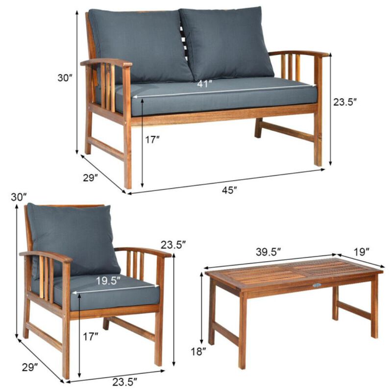 Hivvago 4 Pieces Wooden Patio Sofa Chair Set with Cushion