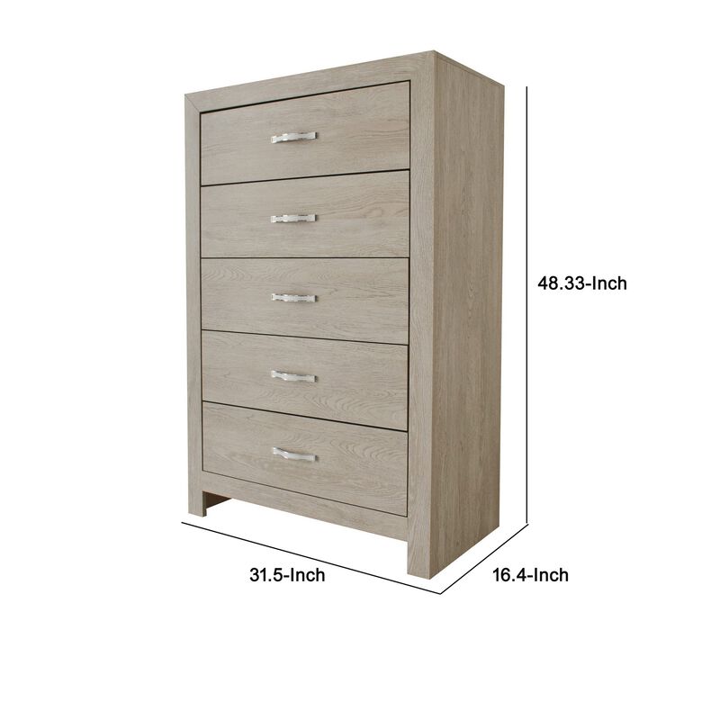 Ancy 48 Inch Tall 5 Drawer Dresser Chest, Faux Diamond Inlay Handles, Brown-Benzara