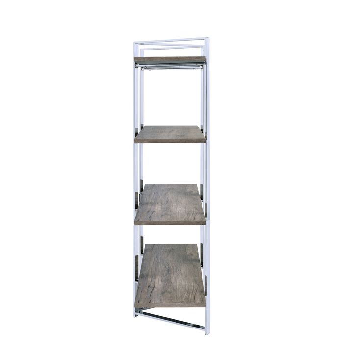 Geometric Metal Framed Bookshelf with Four Open Wooden Shelves, Brown and Silver-Benzara
