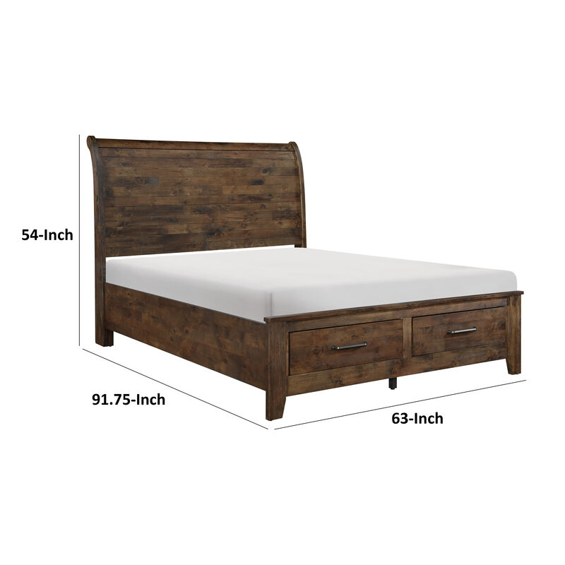 Rick Queen Size Platform Bed, Sleigh, 2 Footboard Storage, Brown Rubberwood - Benzara