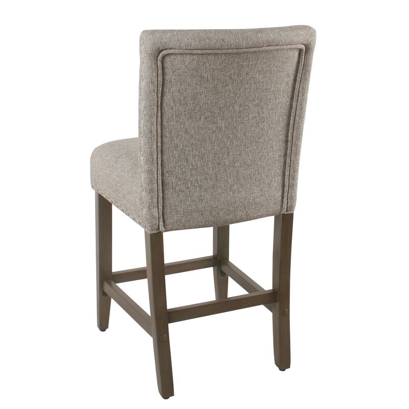 Fabric Upholstered Wooden Counter Stool with Striking Nail head Trims, Gray and Brown - Benzara