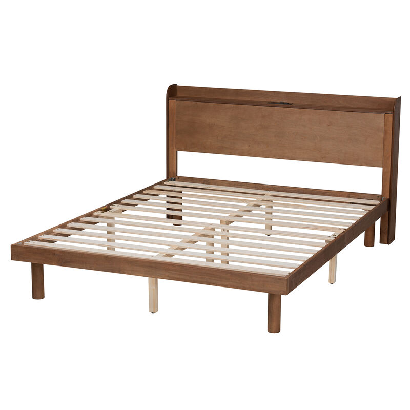 Baxton Studio Decker Walnut Brown Finished Wood Full Size Platform Bed With Charging Station