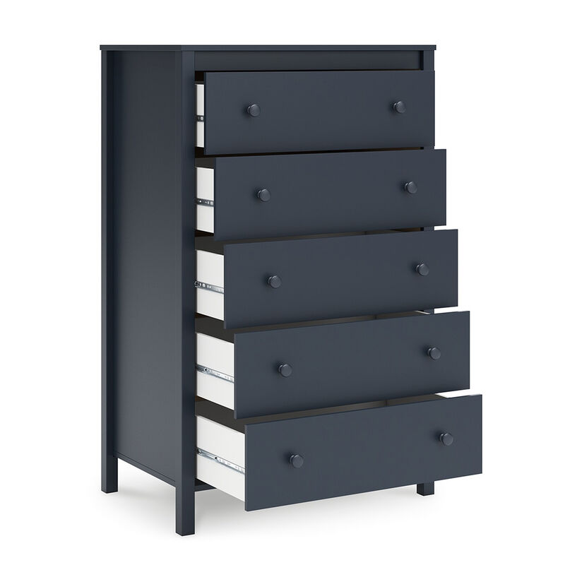 Cian Tall Dresser Chest, 5 Drawers, Knobs, Navy Blue Wood, 50 Inch - Benzara