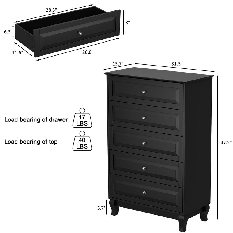 FUFU&GAGA  Classic Black 5-Drawer Chest with Elegant Design and Ample Storage for Bedroom (31.5" W x 47.2" H x 15.7" D) Black