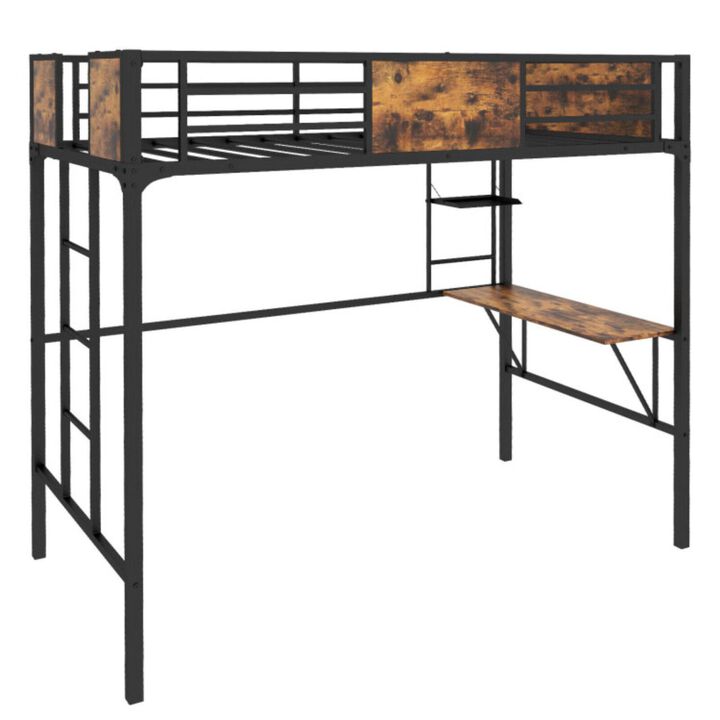 Hivvago Twin Size Industrial Metal Loft Bed with Desk Storage Shelf and Build-in Ladder Hivvago Twin Size Industrial Metal Loft Bed with Desk Storage Shelf and Build-in Ladder