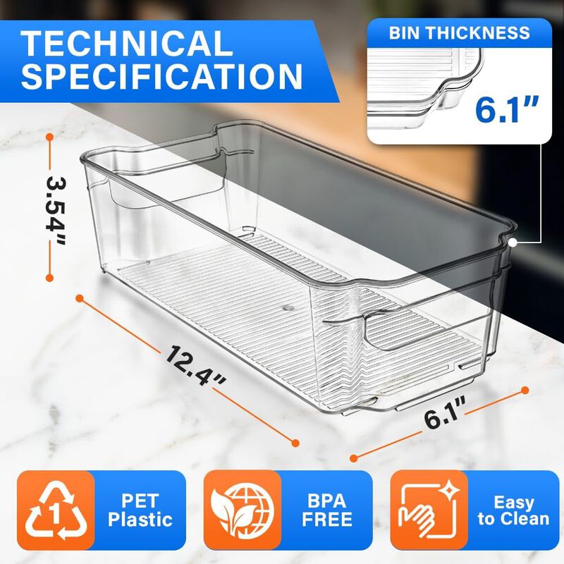 Multi-Purpose Refrigerator Bins - 8 Pieces Usable And Stackable Design Fridge Bin Organizer With Easy Grip Handles - Clear