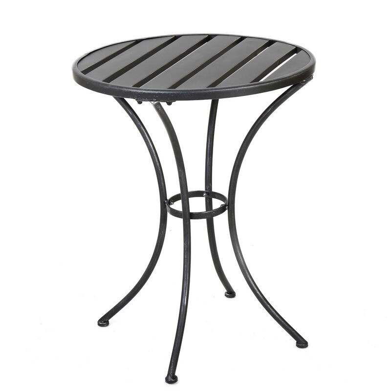 Rune Outdoor Bistro Set, 2 Chairs, Round Slatted Table, Black Iron - Benzara
