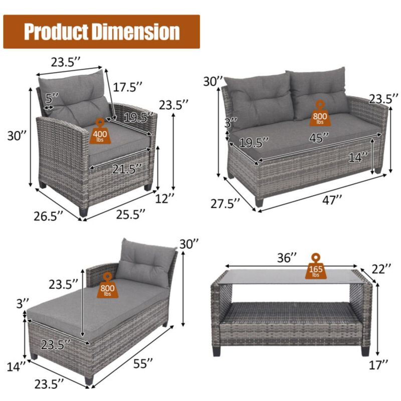 Hivvago 4 Pieces Patio Rattan Furniture Set with Cushion and Table Shelf